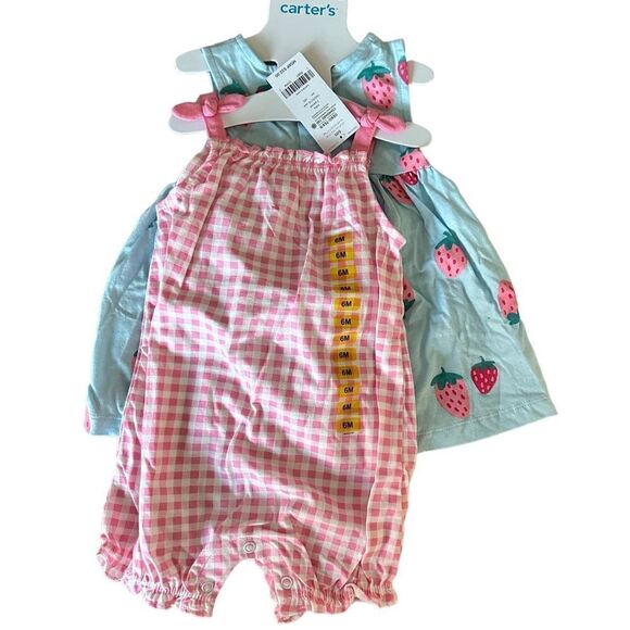 Carter’s TWO PIECE Set Baby Infant Girl Summer Strawberry Dress & Pink/White 6mo - Picture 2 of 3
